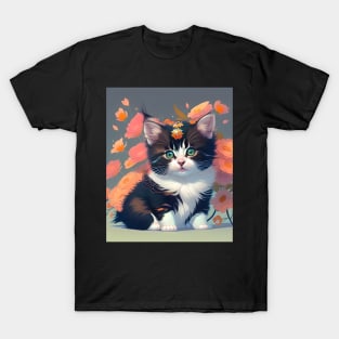 Beautiful Calico Kitten with Flowers - Modern Digital Art T-Shirt